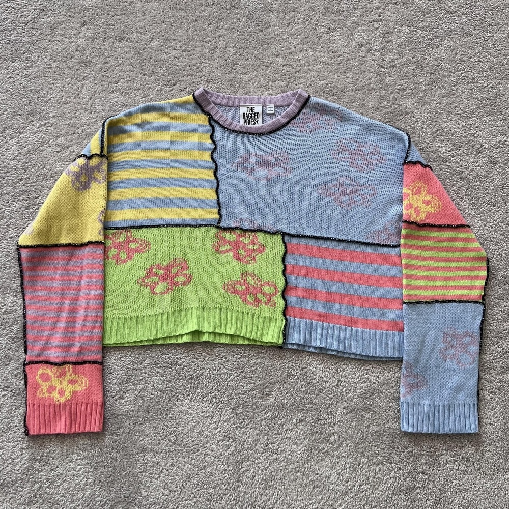 The‎ Ragged Priest Jacquard Patchwork Panel Jumper Sweater XS Multicolor Crop